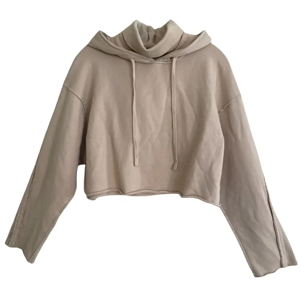 Alo Yoga Effortless Cropped Hoodie Womens Sz M Taupe Cotton Blend Raw Edge